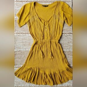 Kivari Mustard Yellow Sundress Fit Flare Cinched Waist Button Down XS-S